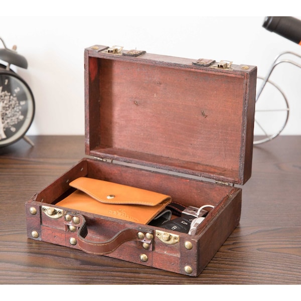 Antique Style Small Wooden Suitcase With Leather Straps And Handle